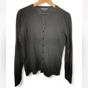 August Silk Petite Black Silk Blend Button Front Cardigan Puff Shoulder Size PM